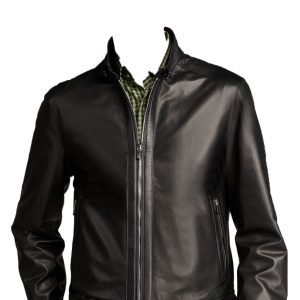 Belted standard collar mens leather jacket