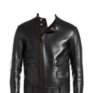 Belted waistband leather biker jacket