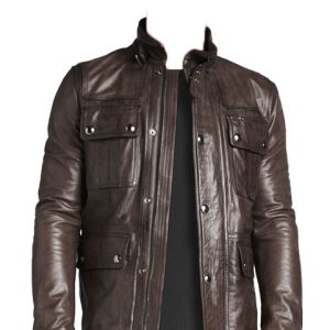 Clasped stand collar type leather jacket