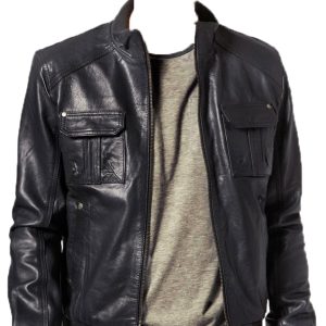 Contrast ribbed trim mens leather jacket