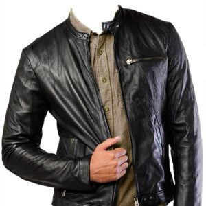 Cowhide biker jacket for men with quilted padding at elbow