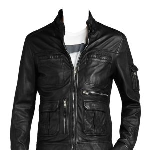 Four pocketed biker leather jacket