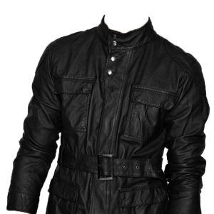 Heavy belted leather jacket for men
