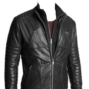 Leather biker jacket with stitched detailing