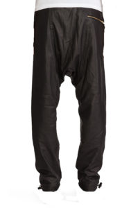 Stylish mens leather drop crotch skinny pants with toggle closure hem