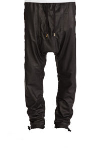 Stylish mens leather drop crotch skinny pants with toggle closure hem