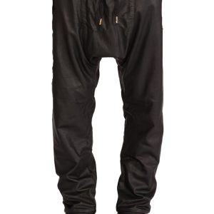 Stylish mens leather drop crotch skinny pants with toggle closure hem