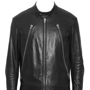 Men leather jacket with snap button collar closure