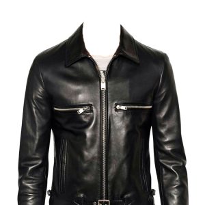 Mens leather jacket with adjustable waist belt