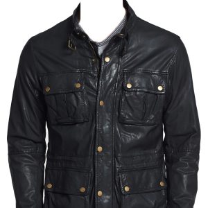 Mens moto leather jacket with zip andsnap-flap placket closure