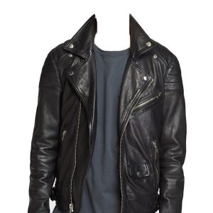 Mens snap down collar leather biker jacket with classic trim