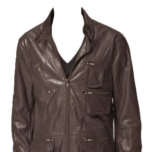 One of a kind leather jacket with a neck latch