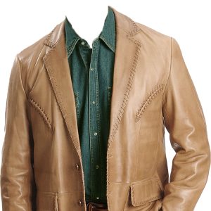 Rugged mens leather blazer with whipstitch hem