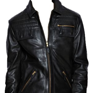 Sewn leather biker jacket for men