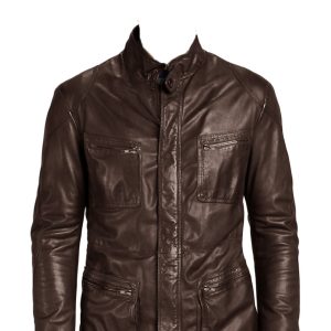Unbending neckline leather jacket for men