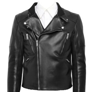 Utility men leather jacket with four front zipper pockets