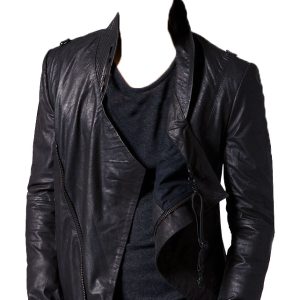 Waterfall style draped mens leather jacket
