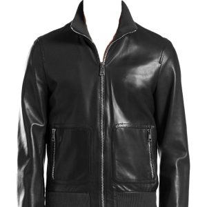 Weave collar mens leather jacket