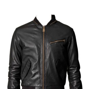 Zip neckline detailing leather jacket for men