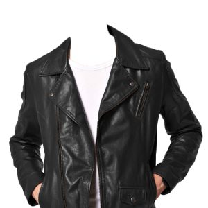 Zipped leather jacket with overlapping front flaps