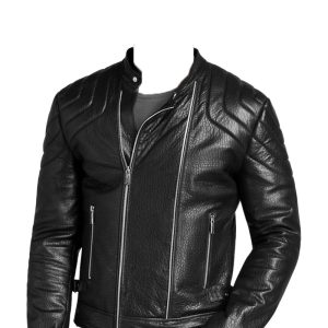Tough biker leather jacket with flexible buckle hip tab