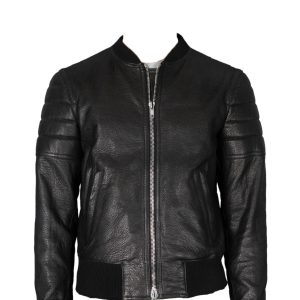 Strong biker leather jacket with ribbed detailing