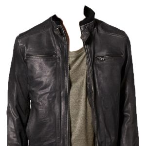 Push button collared mens leather jacket