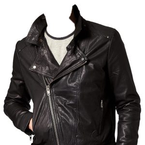 Uneven zipper closure leather biker jacket for men