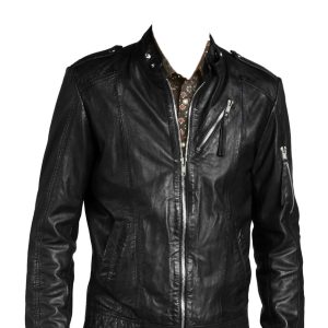 Stand-tab collared trendy leather biker jacket