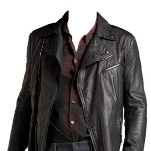 Battered hem leather biker jacket for men