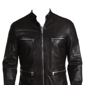 Chain hardware pocket instilled mens leather biker jacket