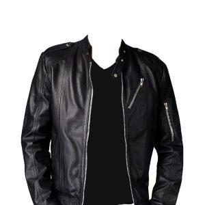 Throat-latch- neck styled leather jacket for men