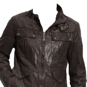 Twofold snap collared mens leather jacket