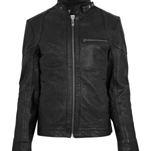 Snapping neck-strap patterned mens leather jacket