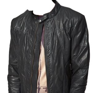 Line panel with twin zipper leather biker jacket