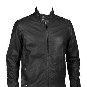 Calfskin stand collar with buttoned mens leather jacket