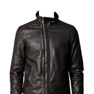 Deviated zipped leather jacket with high collar