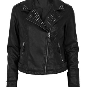 Front studded lapel biker leather jacket for women