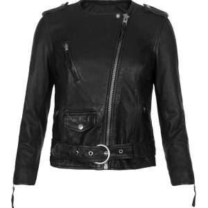 Front buckled biker leather jacket for women