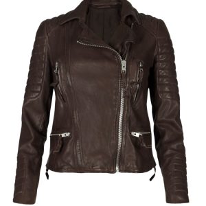 Knitted trim biker leather jacket