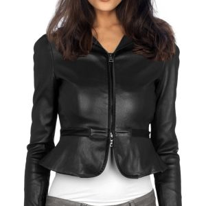 Formal mini frilled leather jacket for women