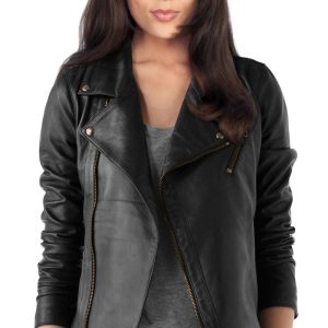 Hip biker leather jacket with off center front