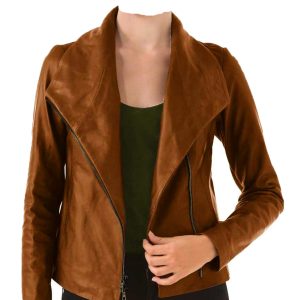 Hip portrait collar leather jacket for women