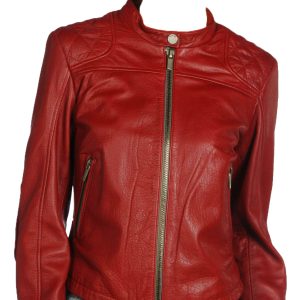 Leather bomber jacket featuring snap button