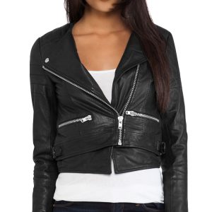 Leather jacket with polyester sleeve lining