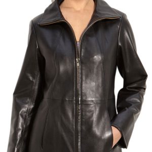 Logo print lining leather coat for women