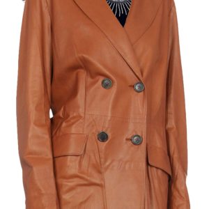 Long stretch leather coat with double breasted closure