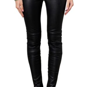Furrowed knee panel leather pant for women