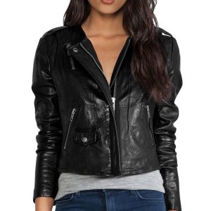 Shrewd lambskin leather jacket with a  concealed front zip closure