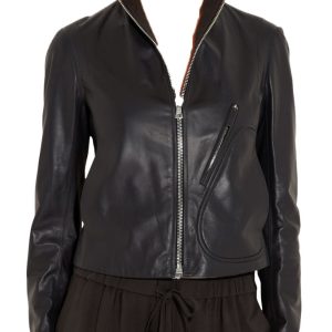 Spirited leather jacket with stand collar